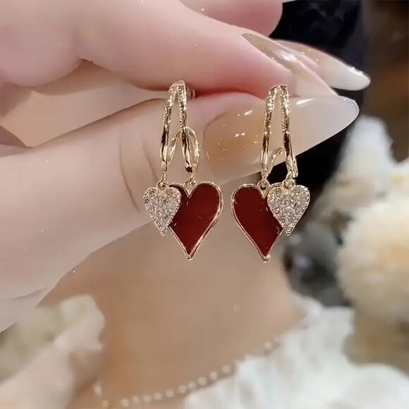 Double Heart Dangle Earrings Faux Crystal Red Silver Gold Tone .98 Inch Drop New - Picture 1 of 11